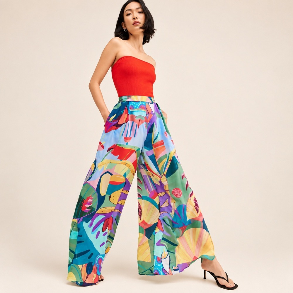 Farm Rio Tropical Abstract Print Wide Leg High Rise Pants Multi Color Small FLAW